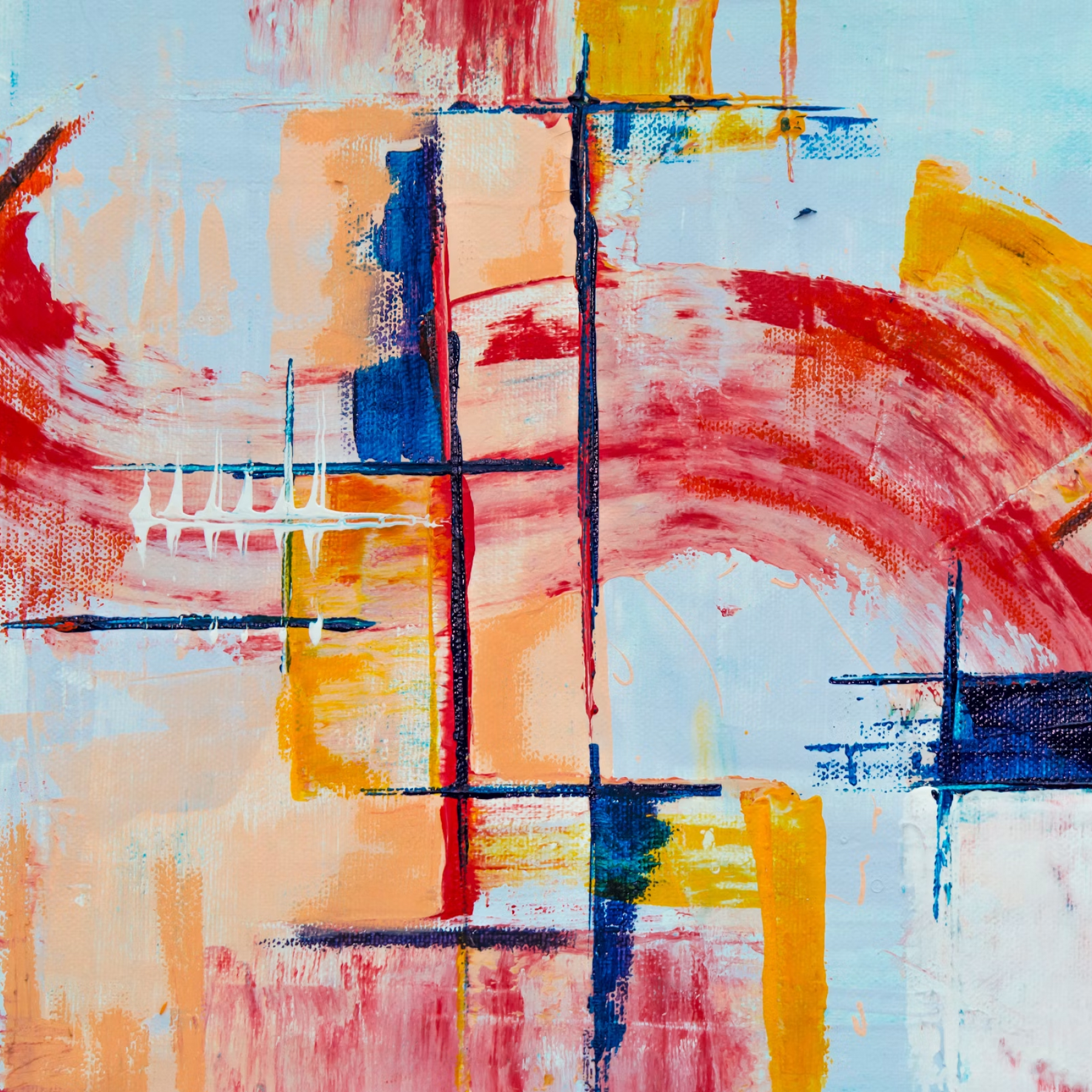 Abstract painting in red, gold, and blue